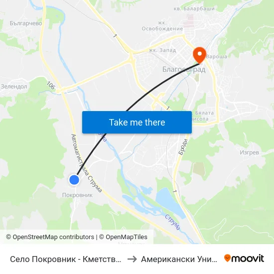 Село Покровник - Кметство / Pokrovnik Village - City Hall to Американски Университет В България map