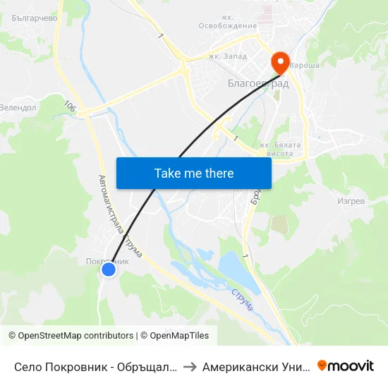 Село Покровник - Обръщало / Pokrovnik Village - Turn Stop to Американски Университет В България map