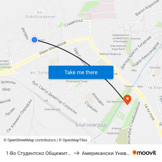 1-Во Студентско Общежитие / First Student Dormitory to Американски Университет В България map