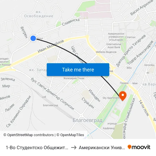 1-Во Студентско Общежитие / First Student Dormitory to Американски Университет В България map