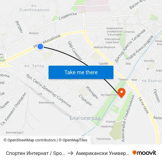 Спортен Интернат / Sports Boarding School to Американски Университет В България map