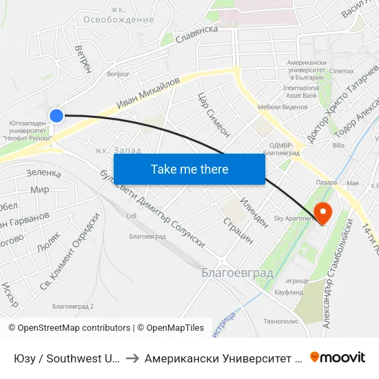 Юзу / Southwest University to Американски Университет В България map