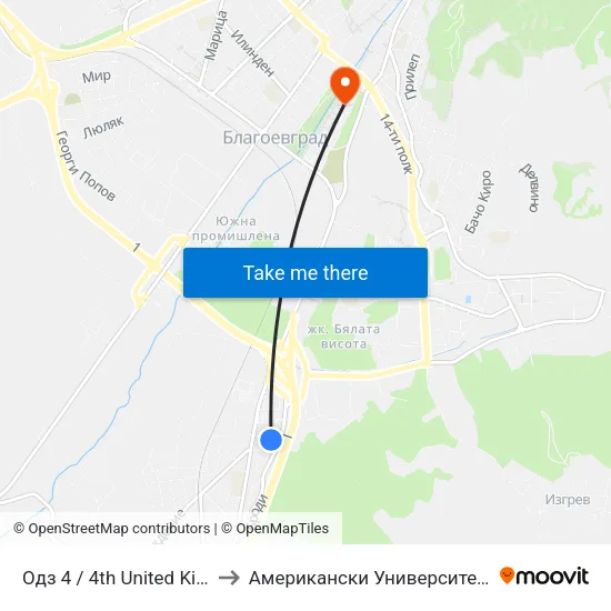 Одз 4 / 4th United Kindergarten to Американски Университет В България map