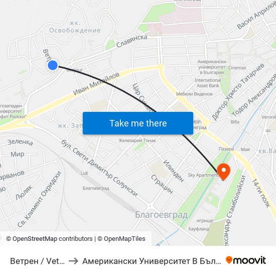 Ветрен / Vetren to Американски Университет В България map