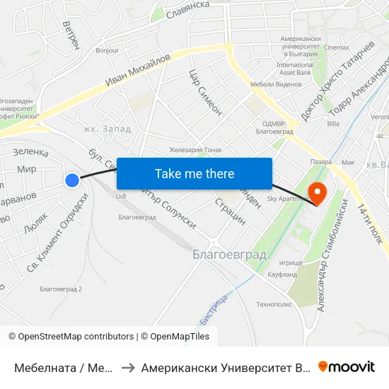 Мебелната / Mebelnata to Американски Университет В България map