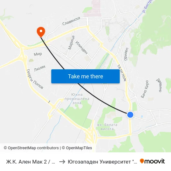 Ж.К. Ален Мак 2 / Alen Mak Qr. 2 to Югозападен Университет ""Неофит Рилски"" map