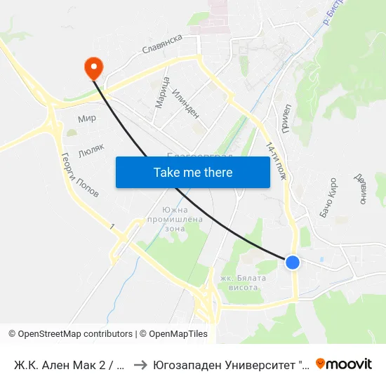 Ж.К. Ален Мак 2 / Alen Mak Qr. 2 to Югозападен Университет ""Неофит Рилски"" map