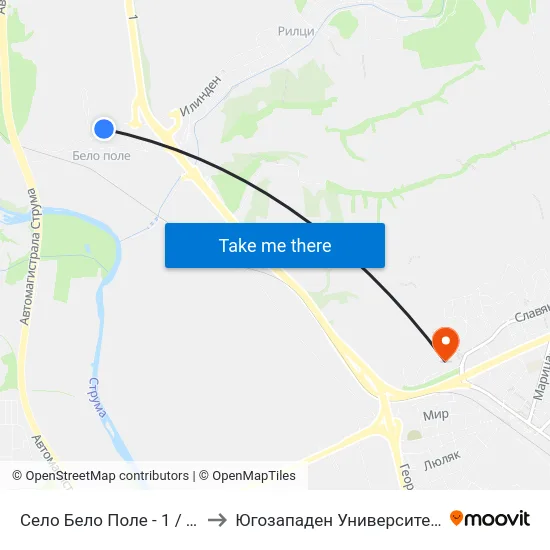 Село Бело Поле - 1 / Belo Pole Village 1 to Югозападен Университет ""Неофит Рилски"" map