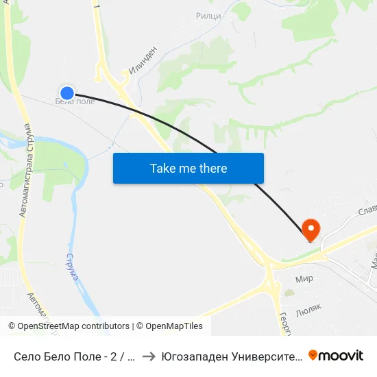 Село Бело Поле - 2 / Belo Pole Village 2 to Югозападен Университет ""Неофит Рилски"" map