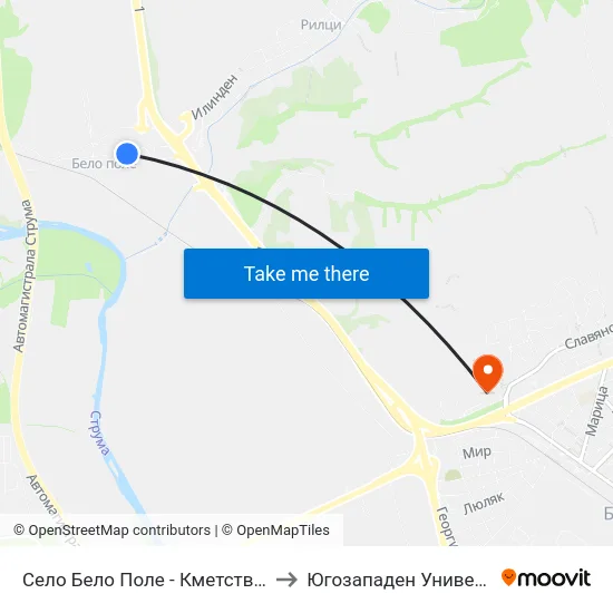 Село Бело Поле - Кметство / Belo Pole Village - Municipality to Югозападен Университет ""Неофит Рилски"" map