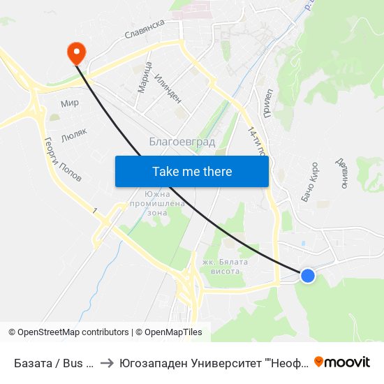 Базата / Bus Depot to Югозападен Университет ""Неофит Рилски"" map
