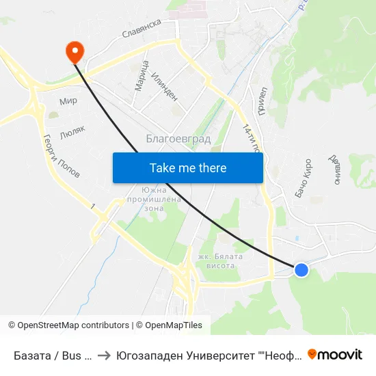 Базата / Bus Depot to Югозападен Университет ""Неофит Рилски"" map