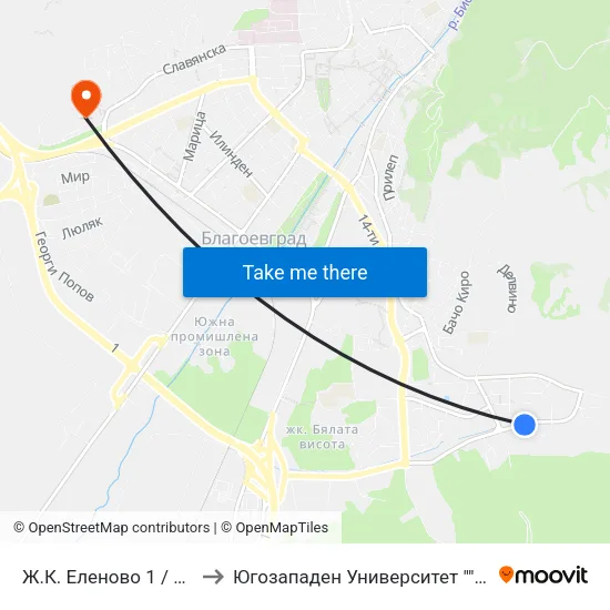 Ж.К. Еленово 1 / Elenovo Qr. 1 to Югозападен Университет ""Неофит Рилски"" map