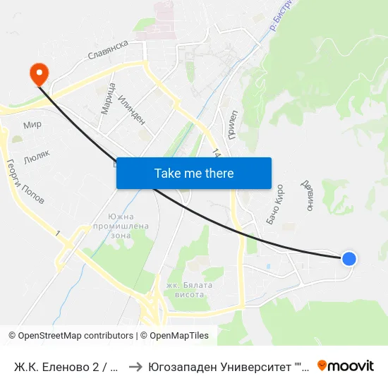 Ж.К. Еленово 2 / Elenovo Qr. 2 to Югозападен Университет ""Неофит Рилски"" map