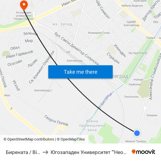 Бирената / Birenata to Югозападен Университет ""Неофит Рилски"" map