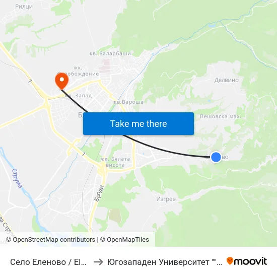 Село Еленово / Elenovo Village to Югозападен Университет ""Неофит Рилски"" map