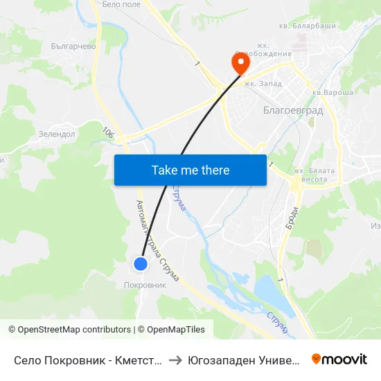 Село Покровник - Кметство / Pokrovnik Village - City Hall to Югозападен Университет ""Неофит Рилски"" map