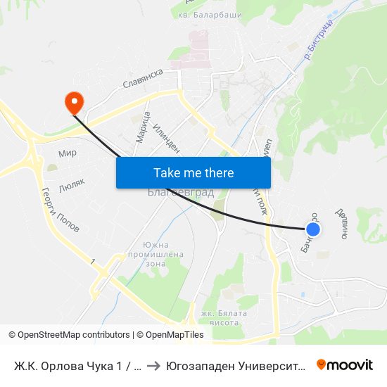 Ж.К. Орлова Чука 1 / Orlova Chuka Qr. 1 to Югозападен Университет ""Неофит Рилски"" map