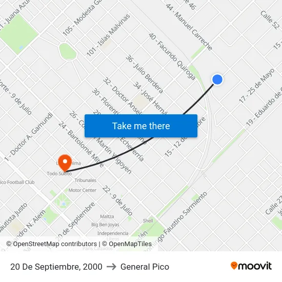 20 De Septiembre, 2000 to General Pico map