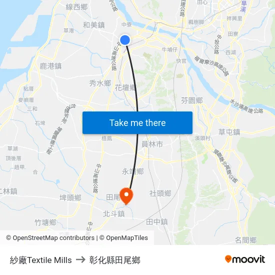 紗廠Textile Mills to 彰化縣田尾鄉 map