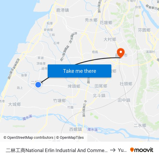 二林工商National Erlin Industrial  And Commercial Vocational High School to Yuanlin map