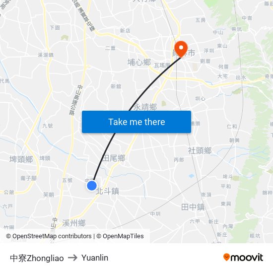 中寮Zhongliao to Yuanlin map