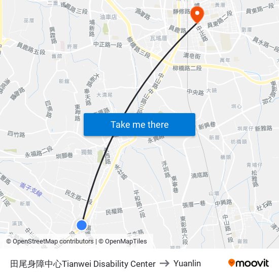 田尾身障中心Tianwei Disability Center to Yuanlin map