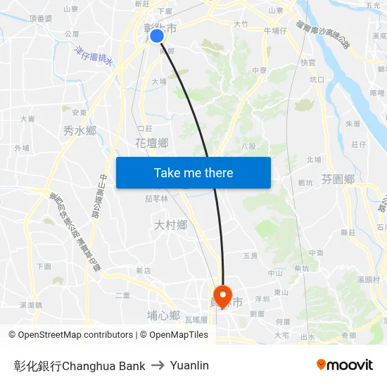 Changhua Bank to Yuanlin map