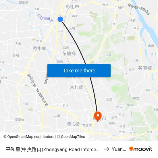 Zhongyang Road Intersection to Yuanlin map