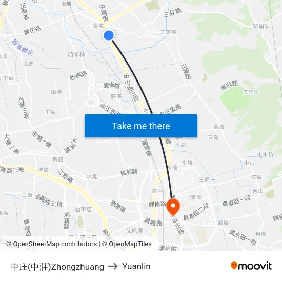 Zhongzhuang to Yuanlin map