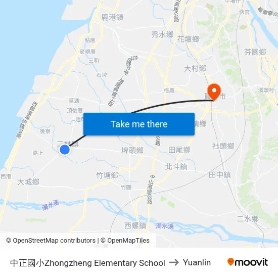 Zhongzheng Elementary School to Yuanlin map