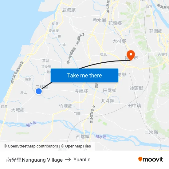 Nanguang Village to Yuanlin map