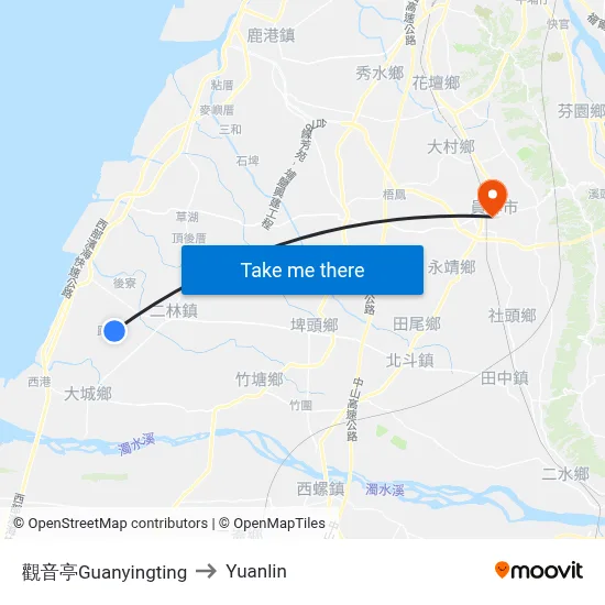 Guanyingting to Yuanlin map