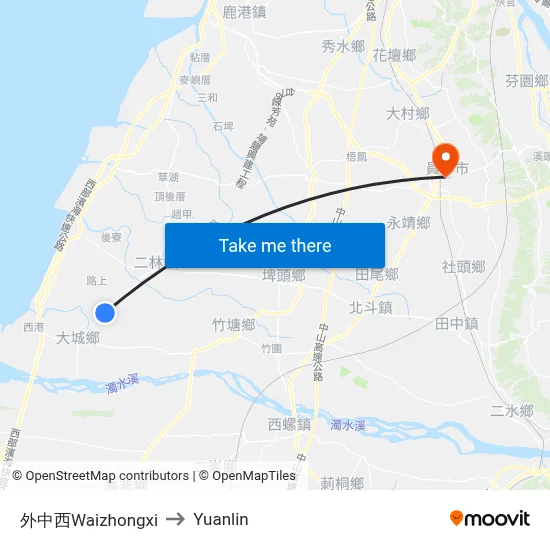 Waizhongxi to Yuanlin map
