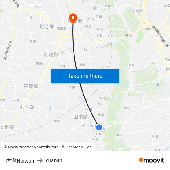 Neiwan to Yuanlin map