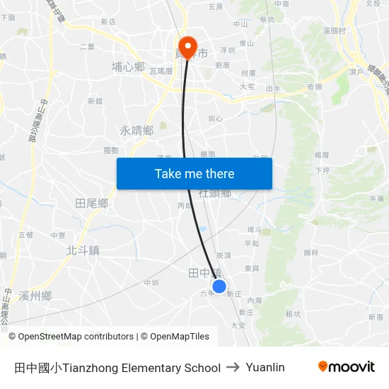 Tianzhong Elementary School to Yuanlin map
