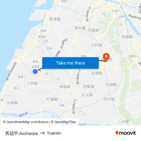 Jiuzhaojia to Yuanlin map