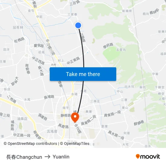Changchun to Yuanlin map