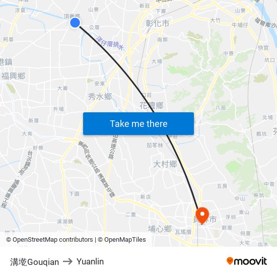 溝墘Gouqian to Yuanlin map