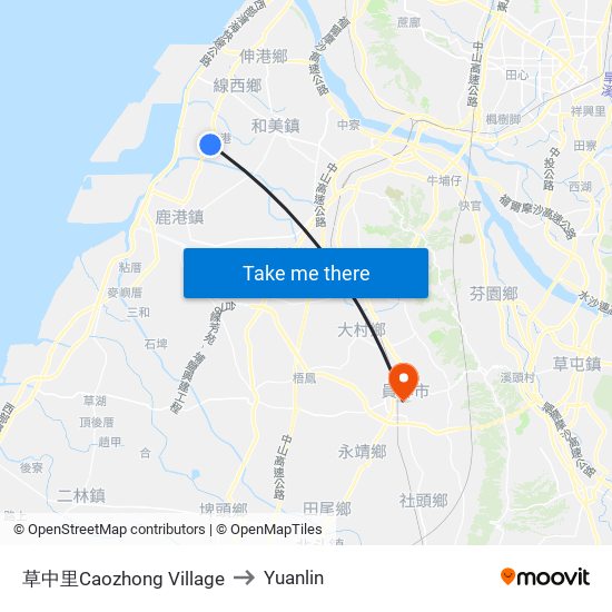 草中里Caozhong Village to Yuanlin map