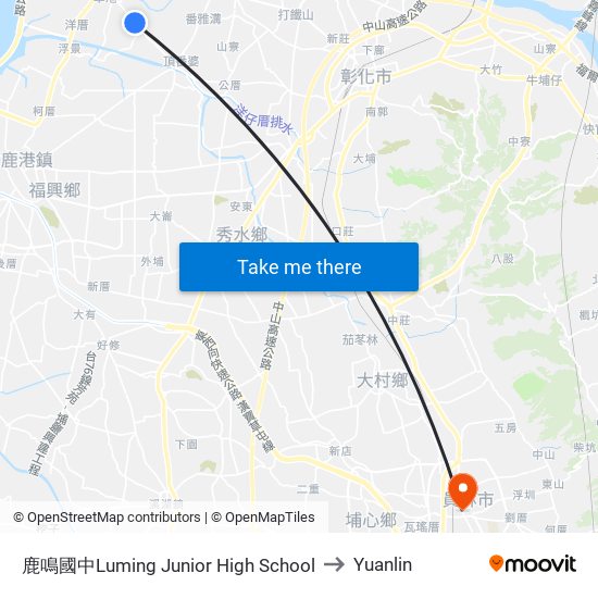 鹿鳴國中Luming Junior High School to Yuanlin map