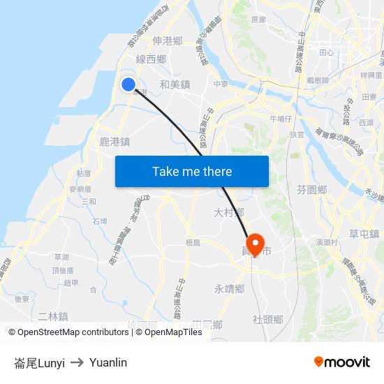 崙尾Lunyi to Yuanlin map