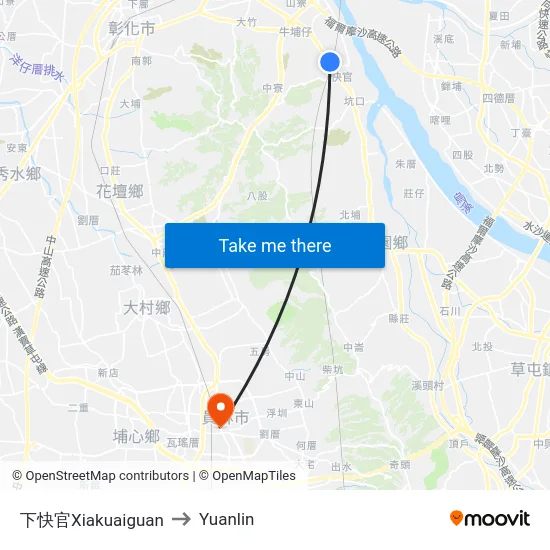 Xiakuaiguan to Yuanlin map