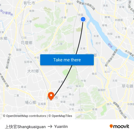 Shangkuaiguan to Yuanlin map