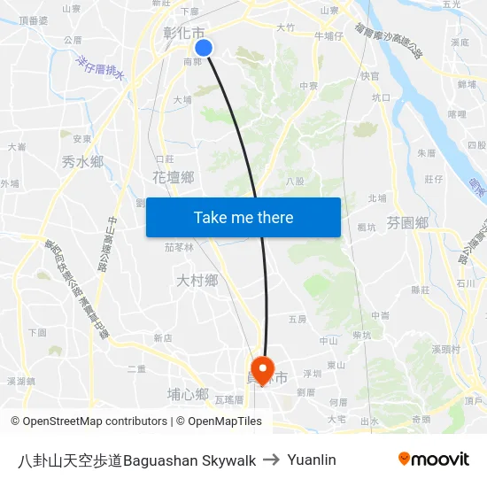 Baguashan Skywalk to Yuanlin map