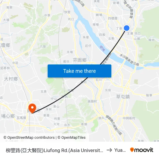 Liufeng Road (Asia University Hospital) to Yuanlin map