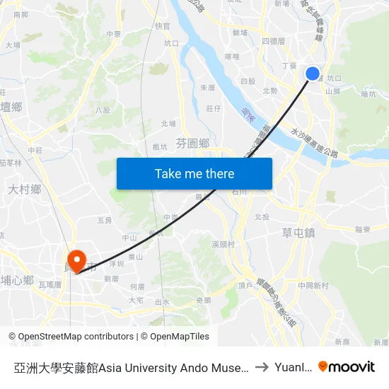 Asia University Ando Museum to Yuanlin map