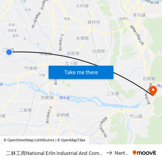 二林工商National Erlin Industrial  And Commercial Vocational High School to Nantou City map