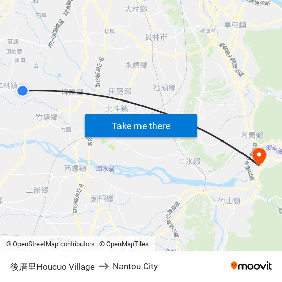 後厝里Houcuo Village to Nantou City map