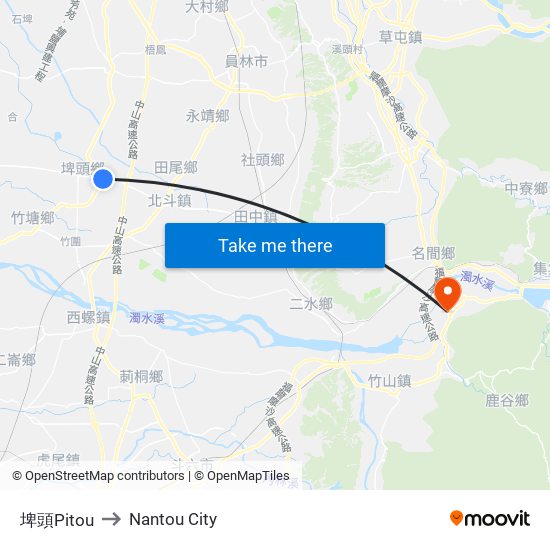 埤頭Pitou to Nantou City map